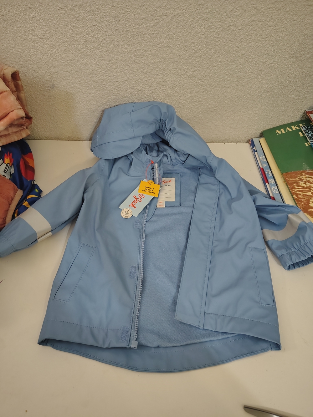 NWT Cat & Jack Baby Boy Jacket Blue Raincoat Hooded Jacket Silver Size 12 Months